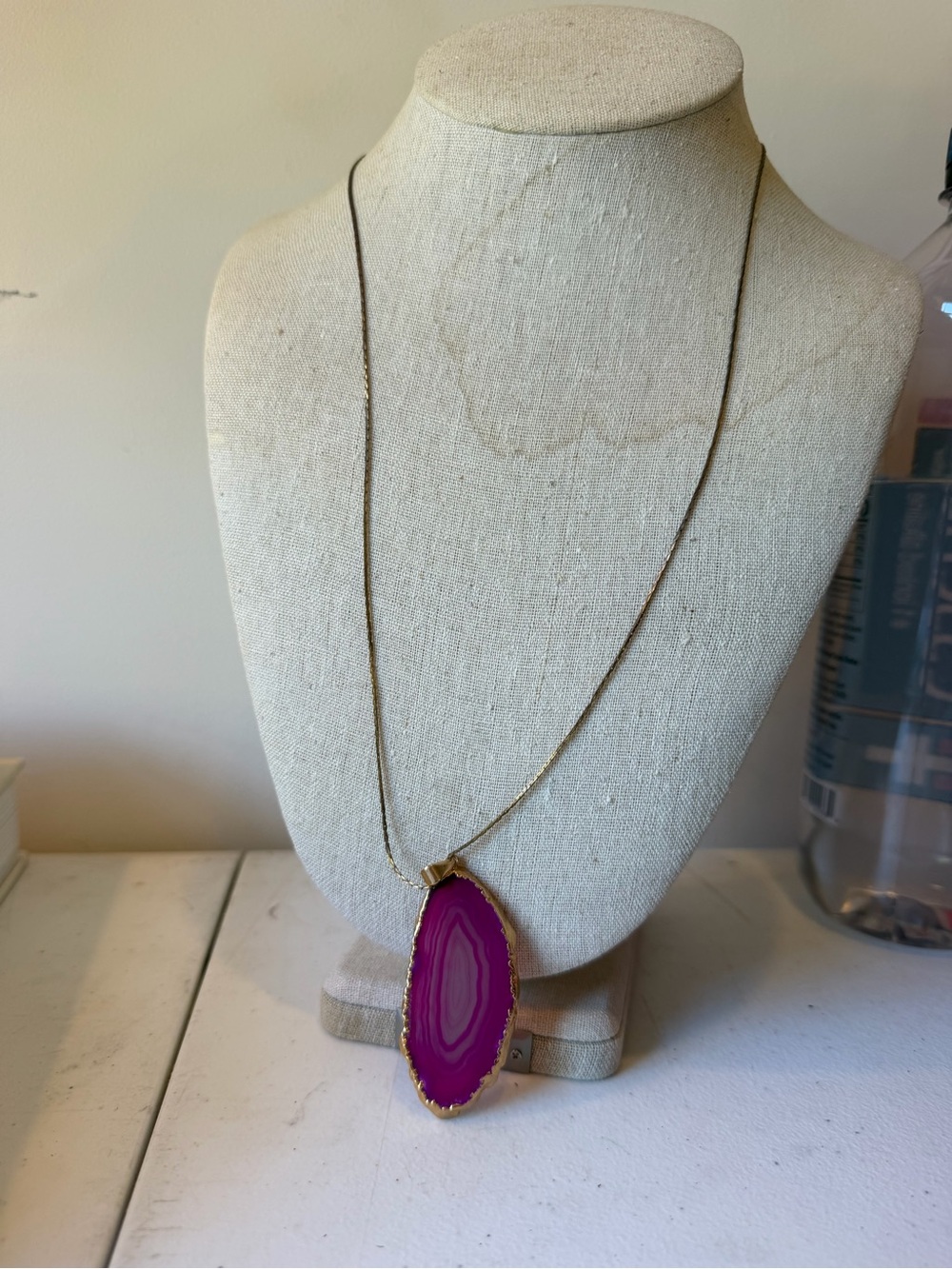 Gold-Trim Pink Agate Pendant on Delicate Chain